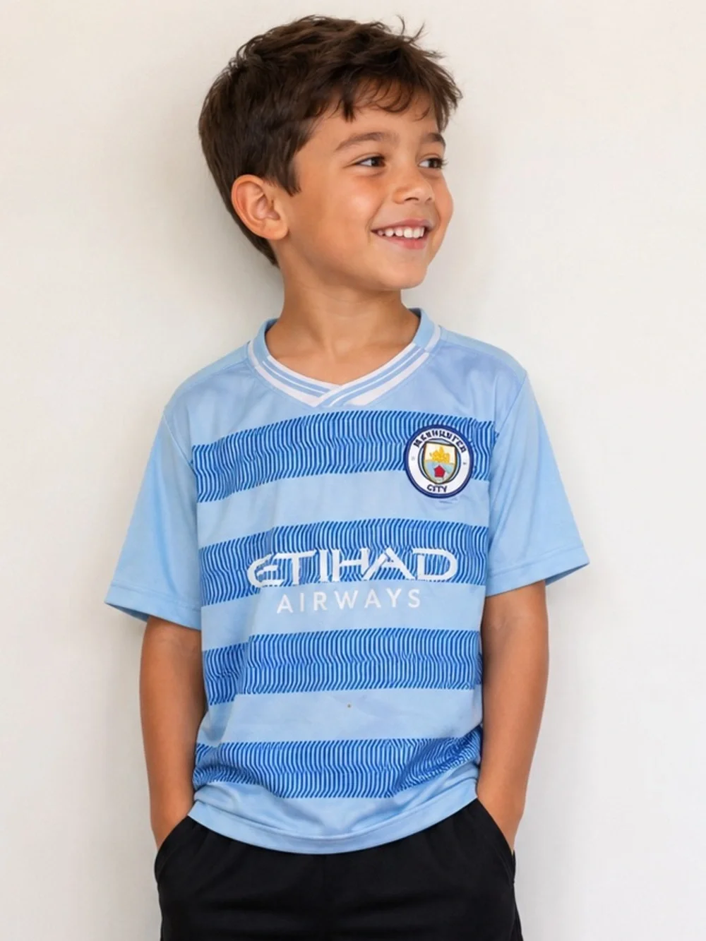 Manchester City FC Kids Soccer Jersey Light Blue Etihad Airways Size 6